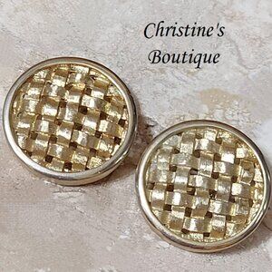 Basketweave button earrings, vintage clip ons, signed designer Sarah Coventry